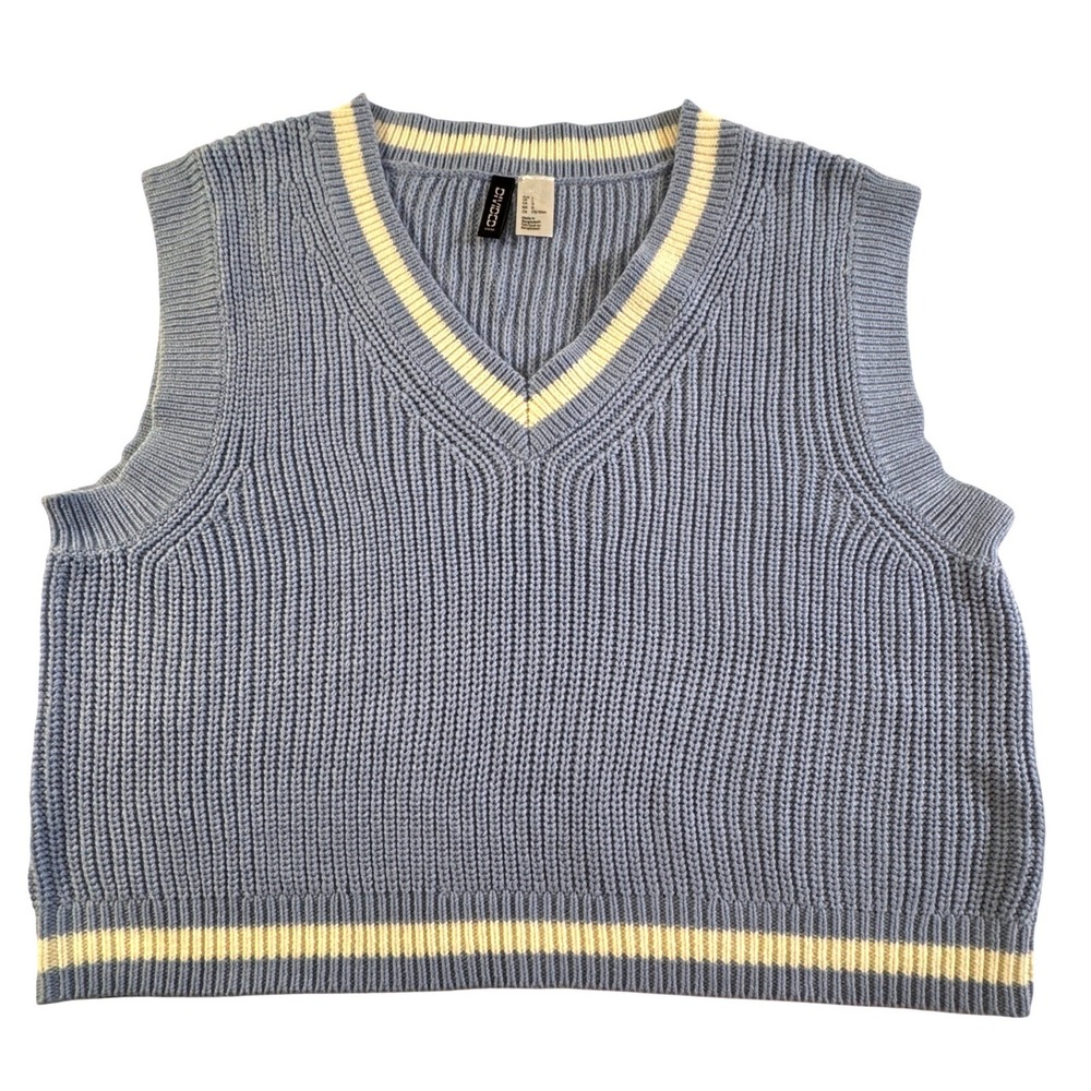 H&M Blue Knit Cropped Sweater Womens Vest V Neck Top Preppy Academia‎ Large NWOT - Picture 5 of 8